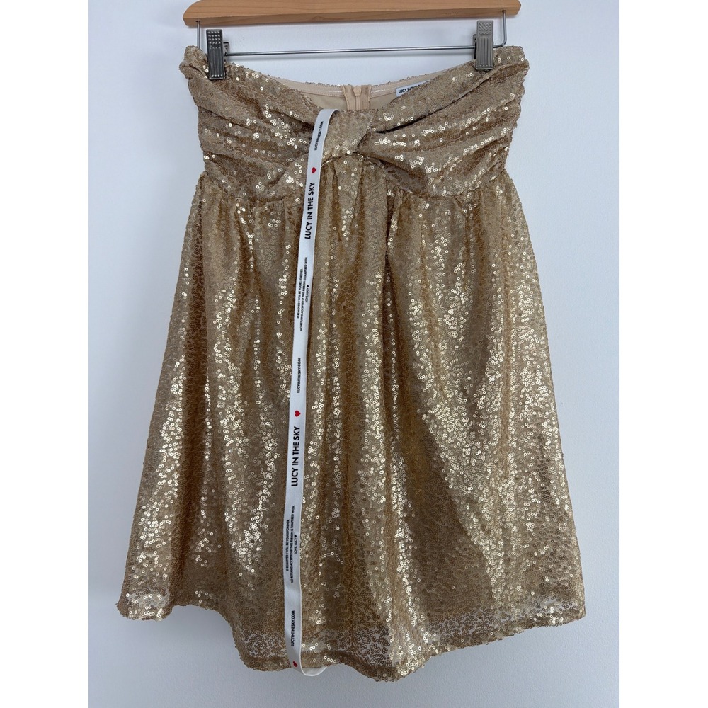 Lucy In The Sky Babydoll Sequin Mini Dress S Gold Strapless Glam Party Going Out